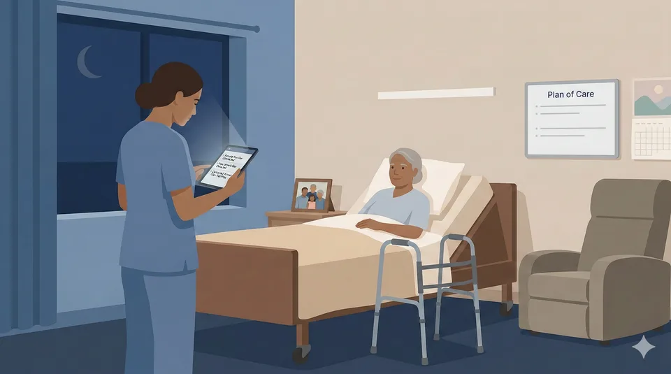 Composition D — nurse using tablet at patient bedside during nighttime virtual care visit