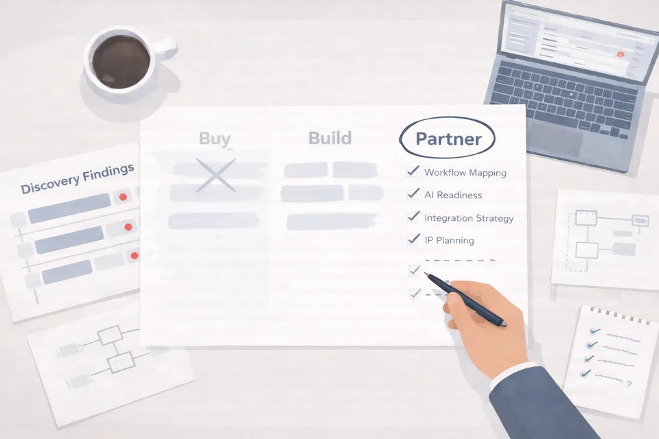 Composition B — bird's-eye desk with buy/build/partner decision matrix