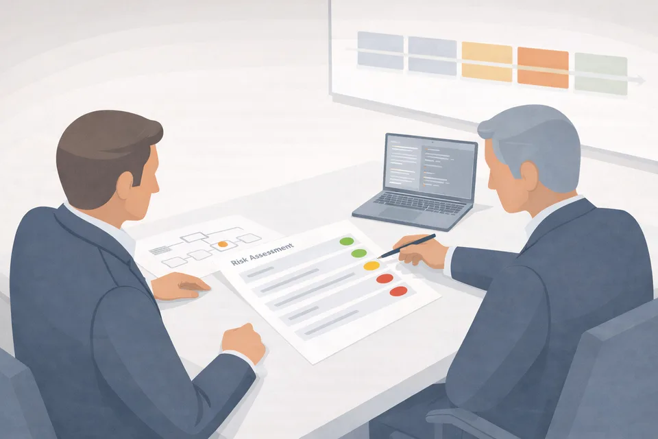 Composition A — two executives reviewing a risk assessment with R/A/G indicators