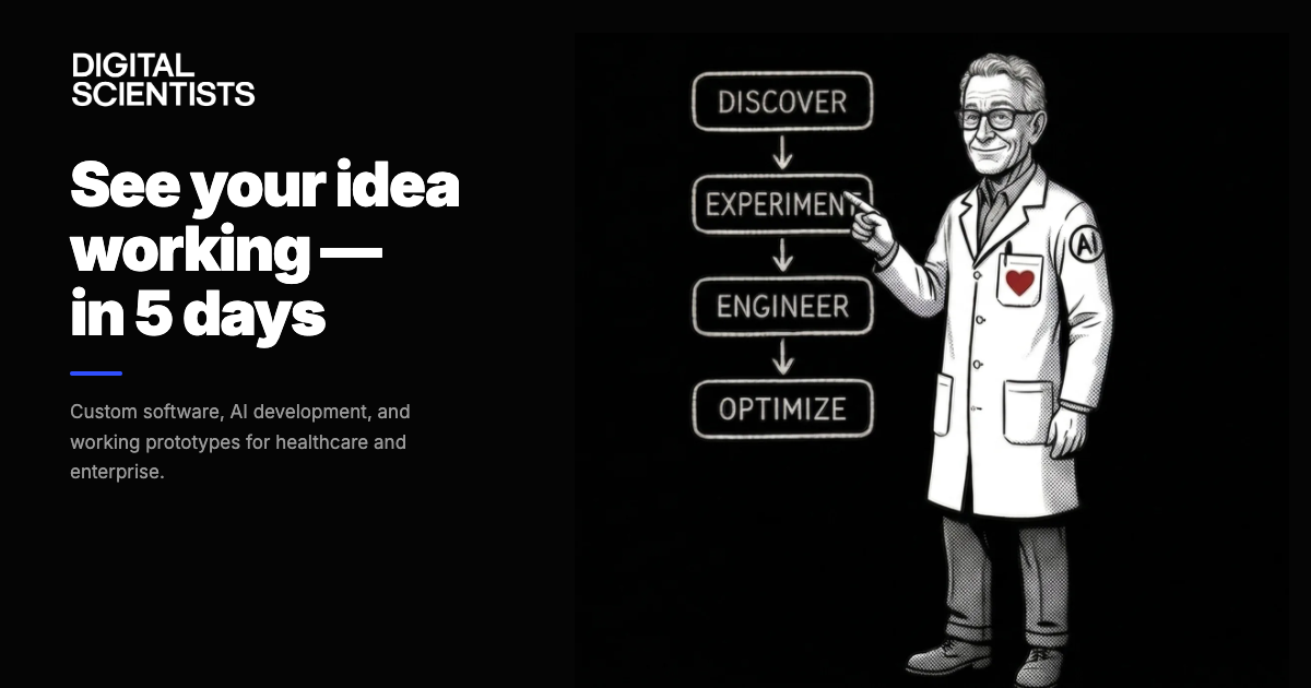 The Scientist character — on dark background with methodology framework and homepage copy